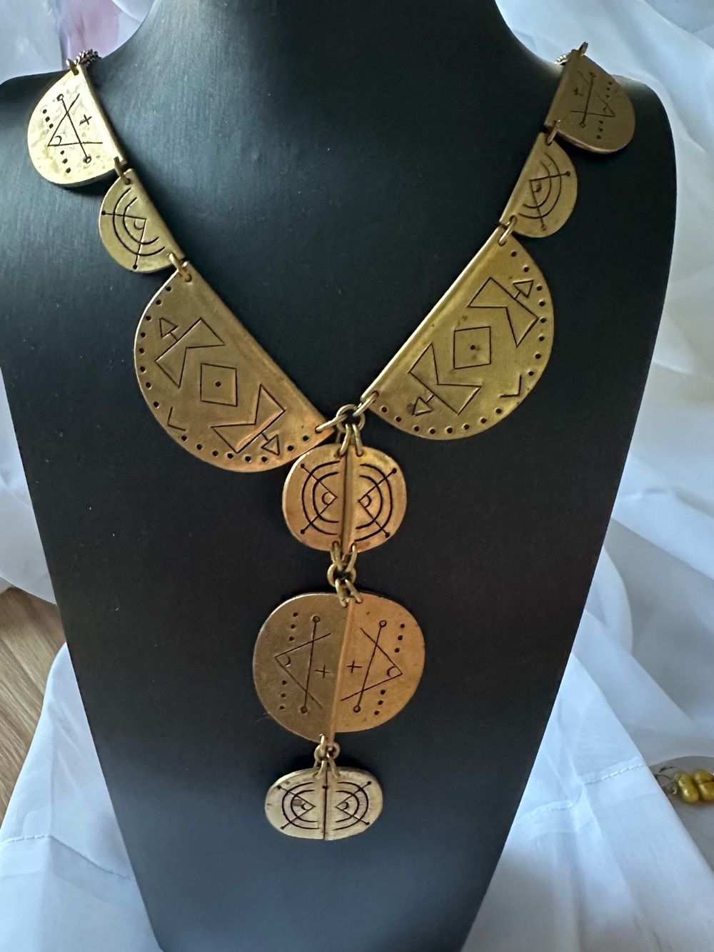 Brass Geometric Medallion Drop Necklace